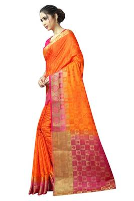 Orange printed nylon saree with blouse 2