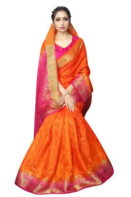 Orange printed nylon saree with blouse 3