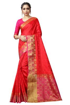 Red printed nylon saree with blouse 1
