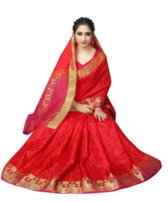 Red printed nylon saree with blouse 3