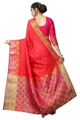 Red printed nylon saree with blouse 4