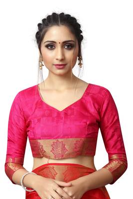 Red printed nylon saree with blouse 5