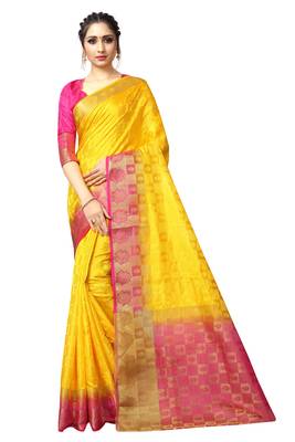 Yellow printed nylon saree with blouse 1