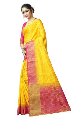 Yellow printed nylon saree with blouse 2