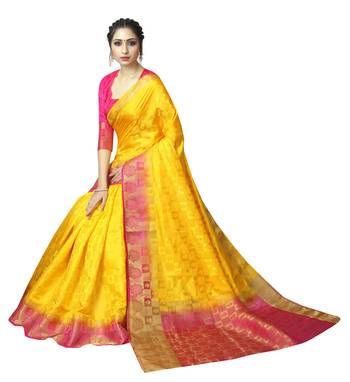 Yellow printed nylon saree with blouse 3
