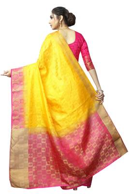 Yellow printed nylon saree with blouse 4