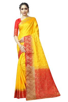 Yellow printed nylon saree with blouse 1