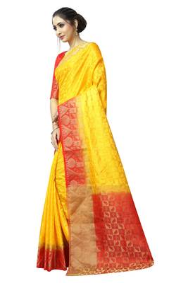 Yellow printed nylon saree with blouse 2
