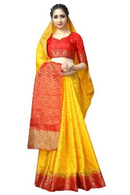 Yellow printed nylon saree with blouse 3