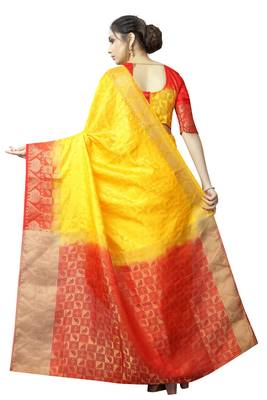Yellow printed nylon saree with blouse 4