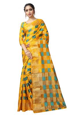 Yellow printed nylon saree with blouse 1