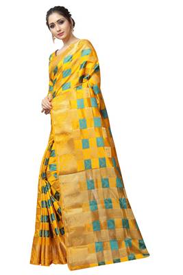 Yellow printed nylon saree with blouse 2