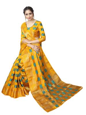 Yellow printed nylon saree with blouse 3