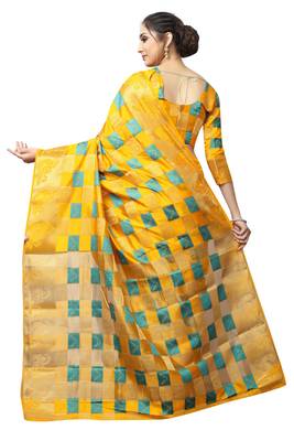 Yellow printed nylon saree with blouse 4