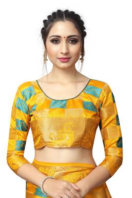 Yellow printed nylon saree with blouse 5