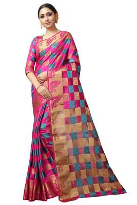 Pink printed nylon saree with blouse 1