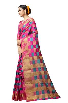 Pink printed nylon saree with blouse 2