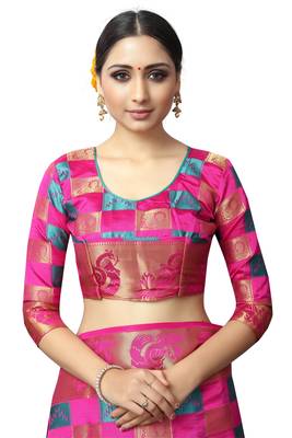 Pink printed nylon saree with blouse 5