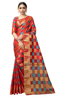 Red printed nylon saree with blouse 1