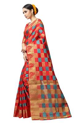 Red printed nylon saree with blouse 2