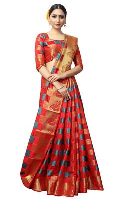 Red printed nylon saree with blouse 3