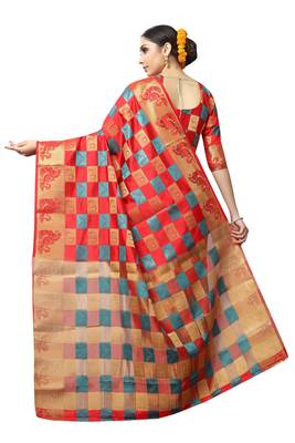 Red printed nylon saree with blouse 4