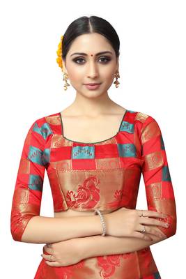Red printed nylon saree with blouse 5