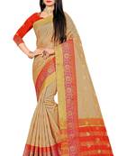 Beige woven cotton silk saree with blouse