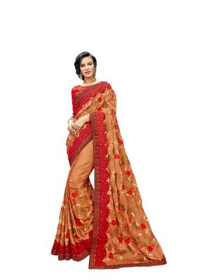 Beige embroidered satin saree with blouse 1