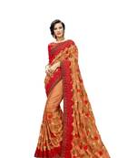 Beige embroidered satin saree with blouse