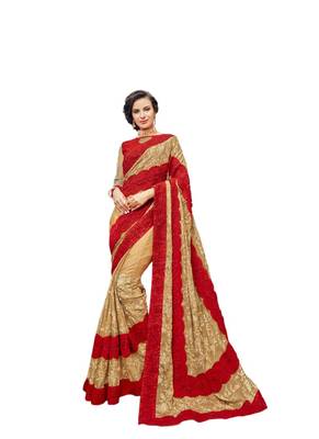 Beige embroidered chiffon saree with blouse 1