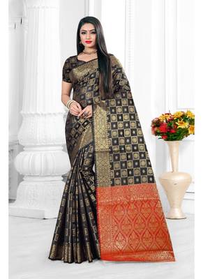 Black woven banarasi silk saree with blouse 1