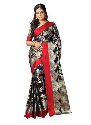 Black woven art silk saree with blouse 1