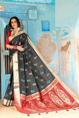 Black woven cotton silk saree with blouse 1