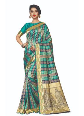 Blue woven jacquard saree with blouse 1