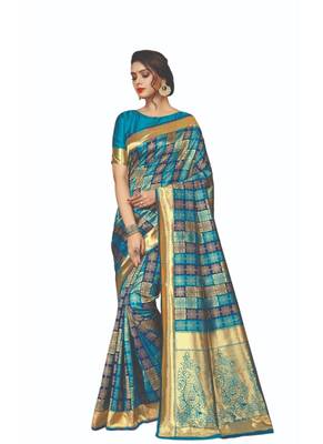 Blue woven jacquard saree with blouse 1