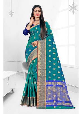 Blue woven banarasi silk saree with blouse 1