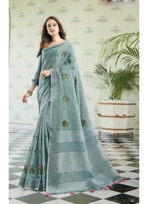 Blue embroidered linen saree with blouse 1