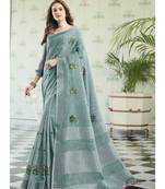 Blue embroidered linen saree with blouse