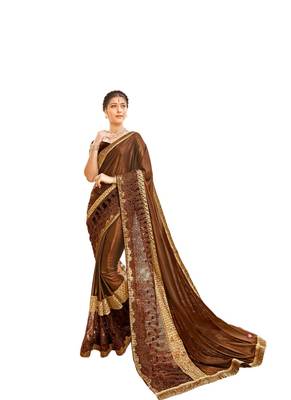 Brown embroidered lycra saree with blouse 1