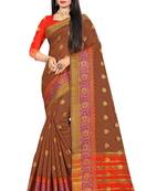 Brown woven cotton silk saree with blouse