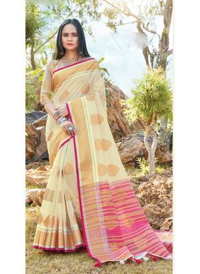 Cream woven linen saree with blouse 1