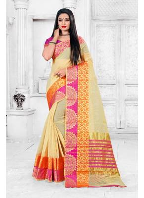 Cream woven cotton silk saree with blouse 1