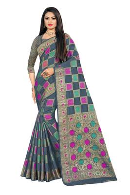 Dark grey woven cotton silk saree with blouse 1