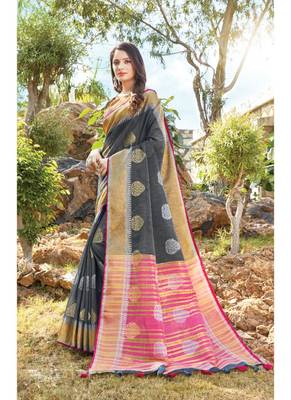 Dark grey woven linen saree with blouse 1