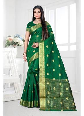 Green woven cotton silk saree with blouse 1