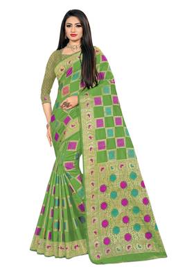 Green woven cotton silk saree with blouse 1