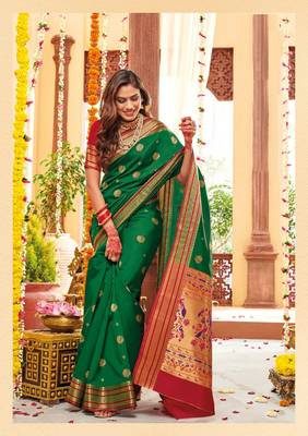 Green woven banarasi silk saree with blouse 1