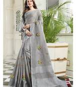 Grey embroidered linen saree with blouse