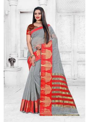 Grey woven cotton silk saree with blouse 1
